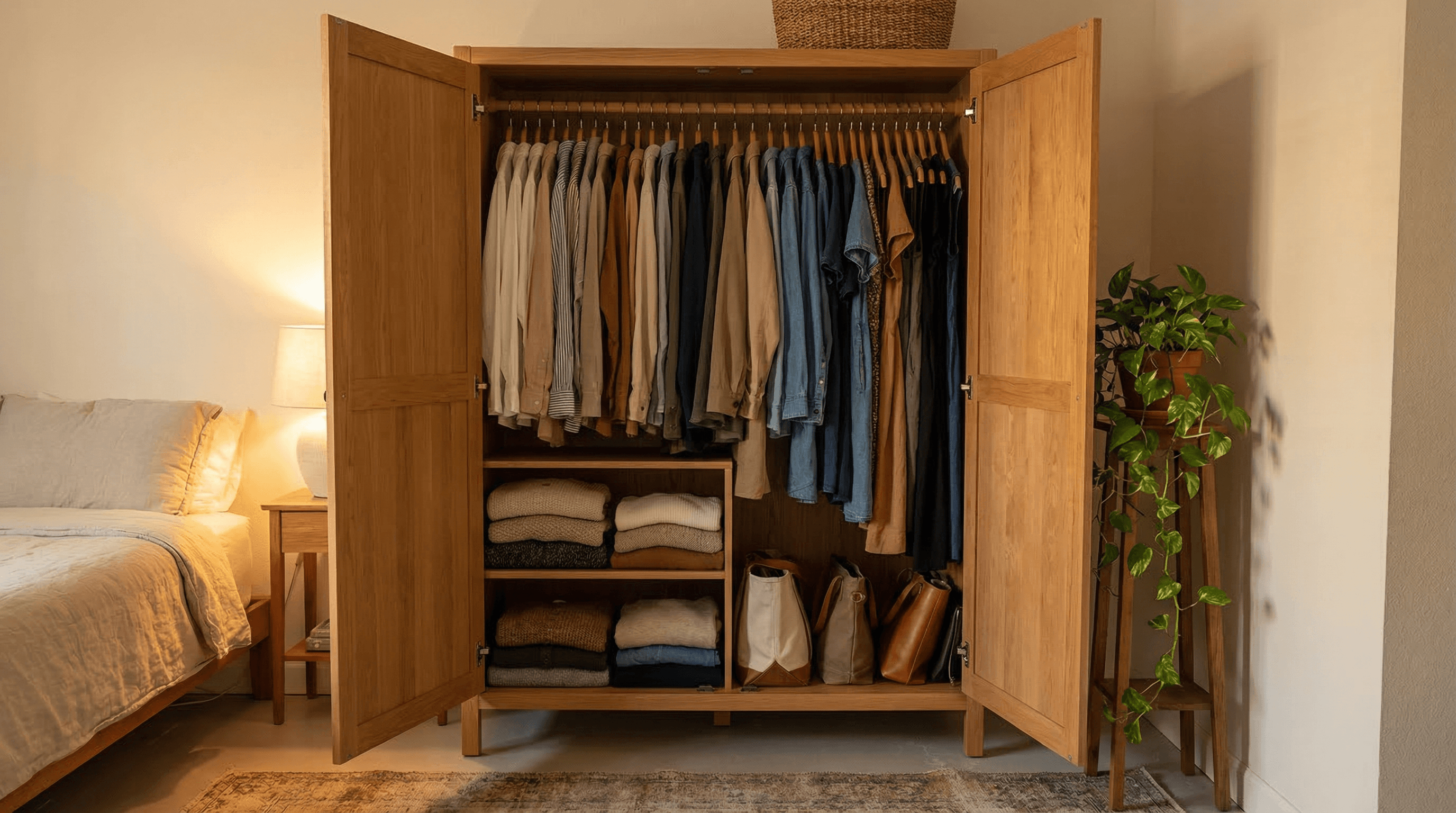 Organized wardrobe with curated outfit combinations
