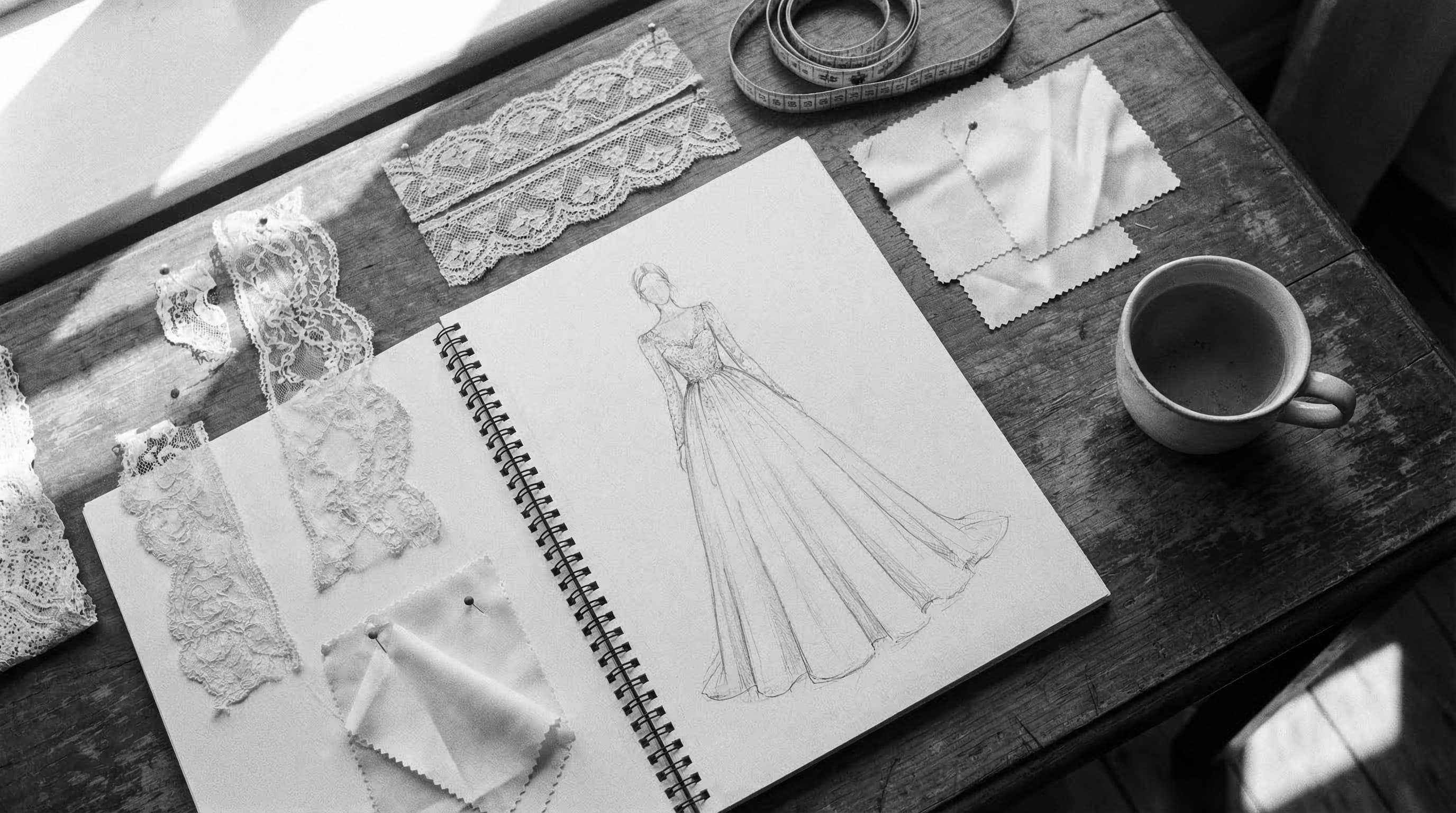 Gown sketching and fabric selection process