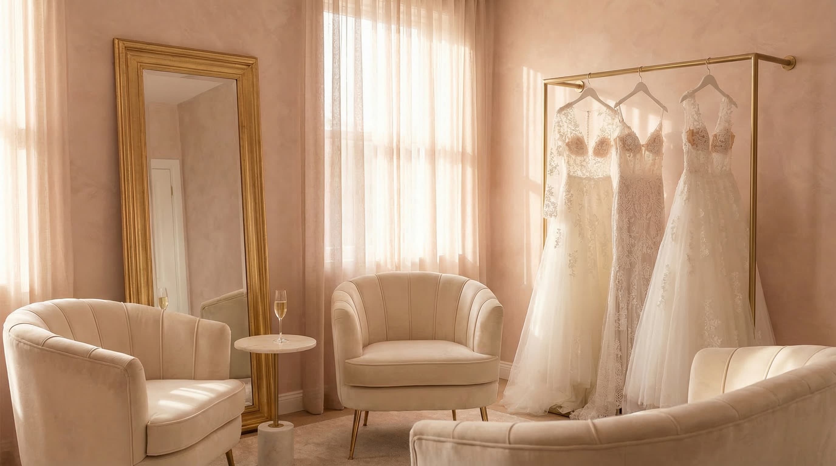 Bridal fitting room scene with gowns