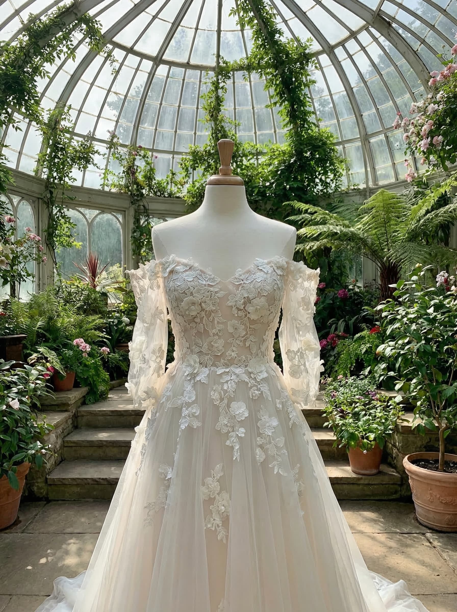 Naomi: Off-shoulder gown with 3D floral appliqué