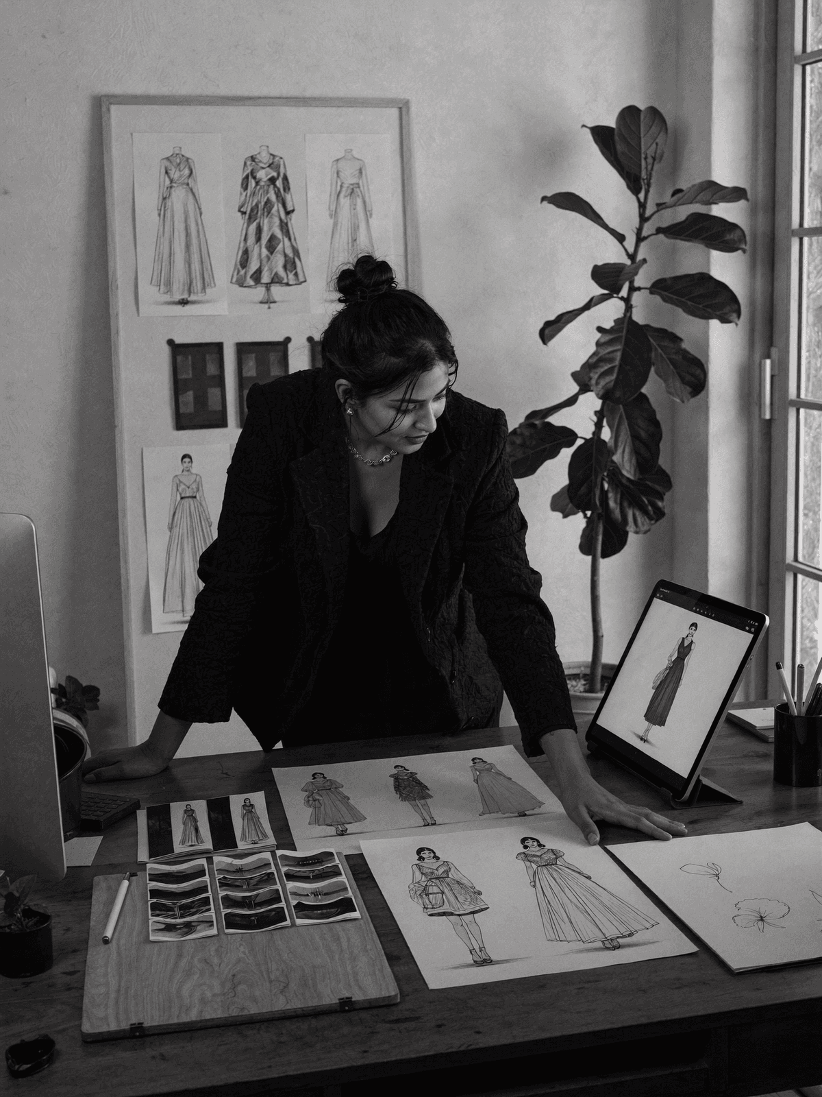 Grace, founder of Saved by Grace, sketching a bridal gown at her design desk