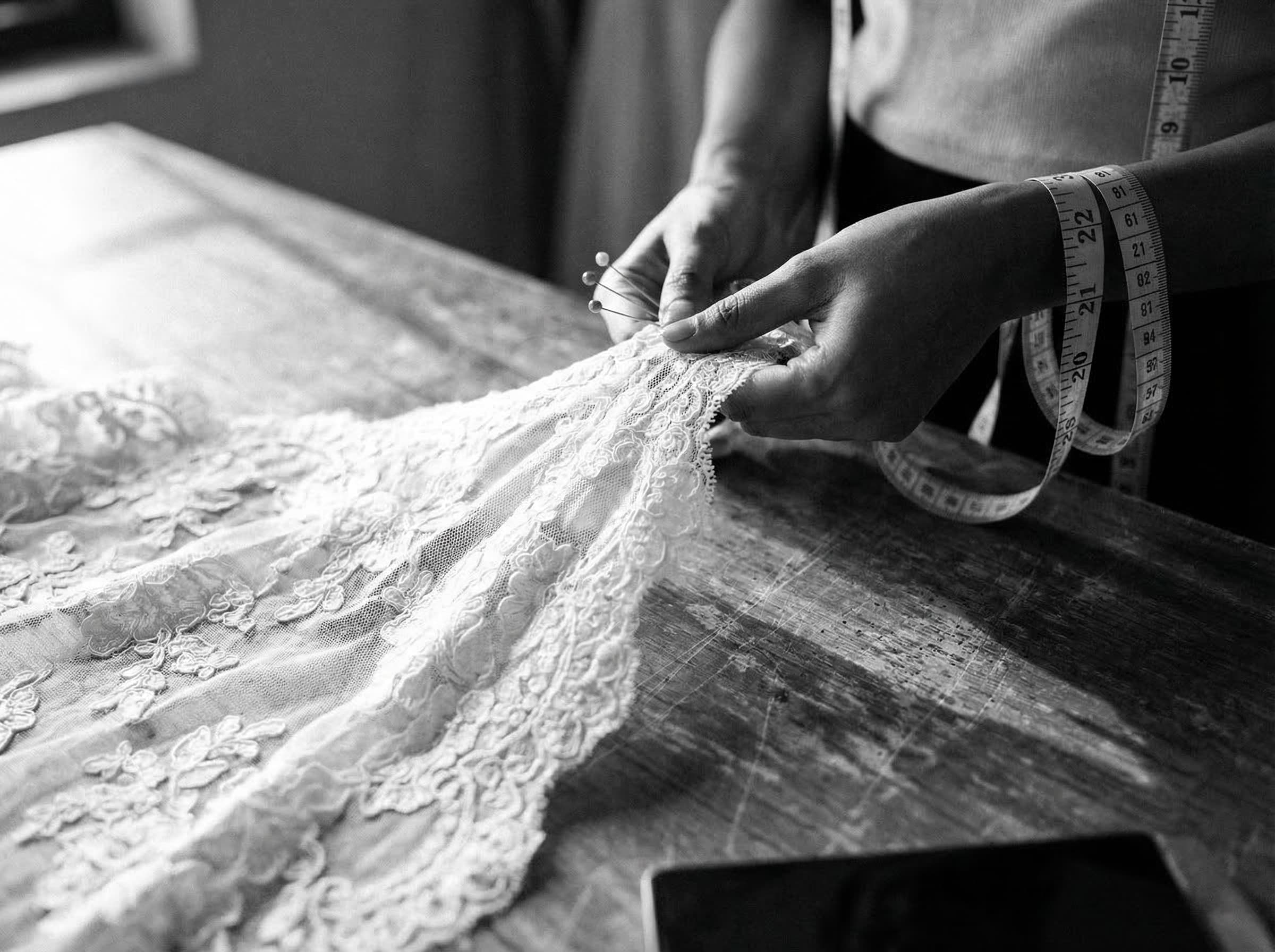 Close-up of hands working with bridal lace