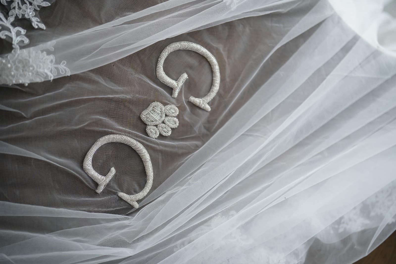Personalized monogram initials with paw detail on veil
