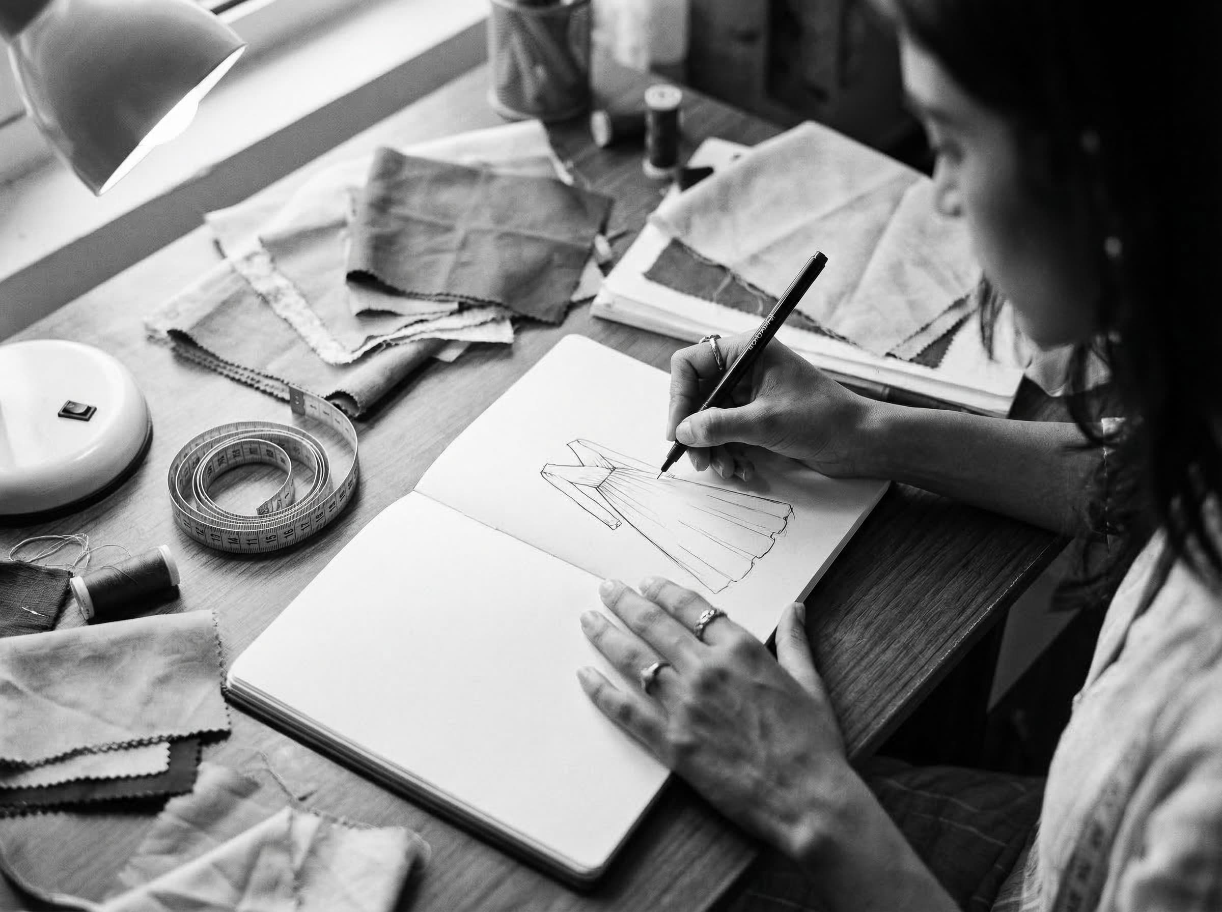 Grace sketching a bridal gown design